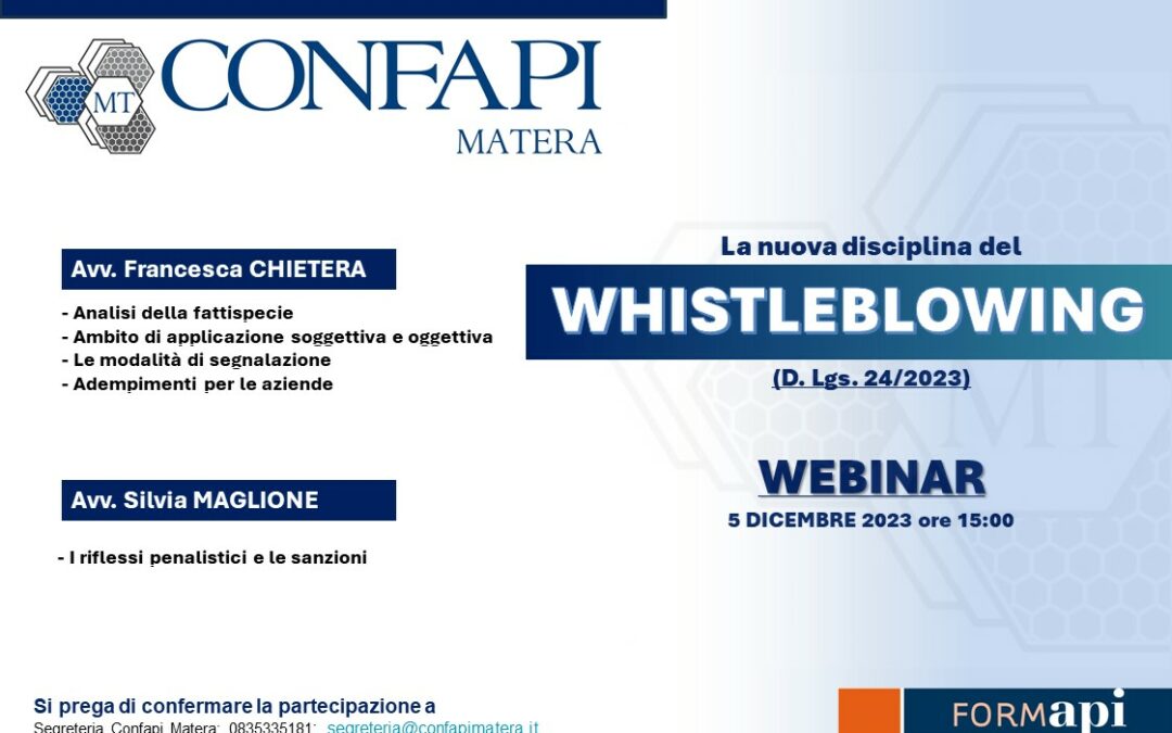 Whistleblowing, webinar di Confapi Matera sulla segnalazione di presunto illecito