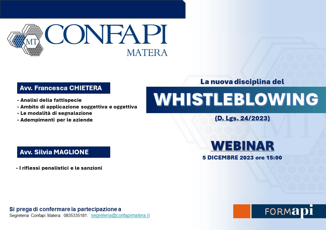 Webinar – La nuova disciplina del Whistleblowing, 5 dicembre 2023 ore 15,00