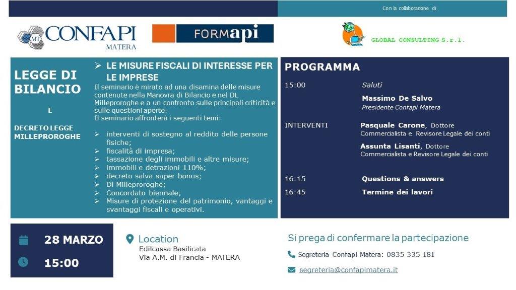 I seminari di Confapi Matera: “Legge di Bilancio e Decreto Milleproroghe. Le misure fiscali di interesse per le imprese”. 