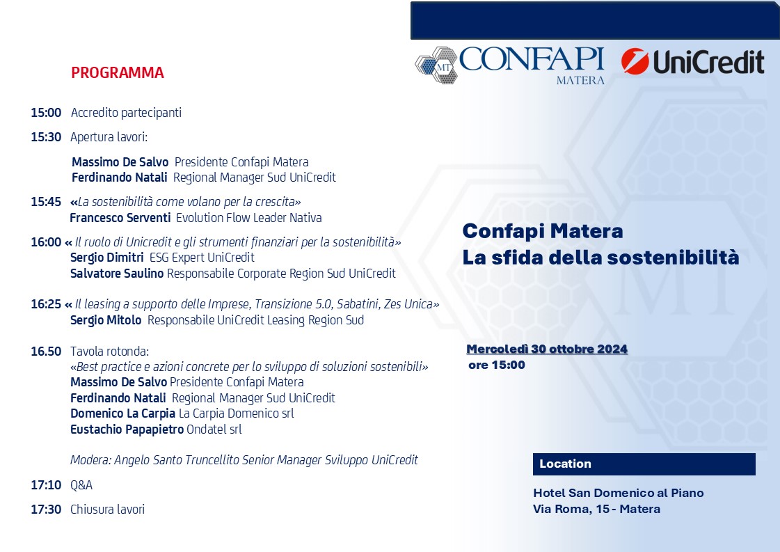 Confapi Matera – UNICREDIT: La sfida della sostenibilità – 30 ottobre 2024