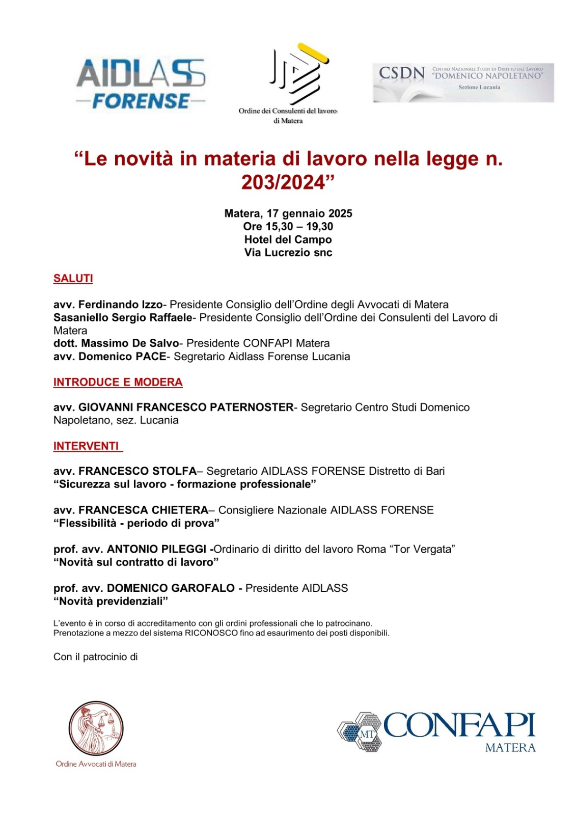 Convegno: “Le novità in materia di lavoro nella legge n. 203/2024” – 17 gennaio 2025 ore 15:30
