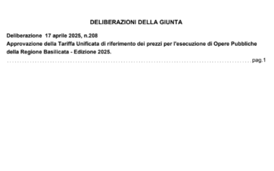 Pubblicazione della Tariffa Unificata di riferimento dei prezzi per l’esecuzione di OO.PP. Regione Basilicata 2025