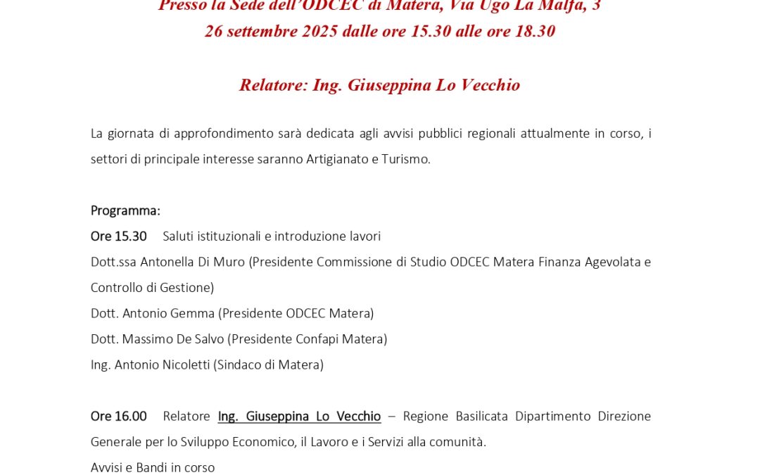 Artigianato, Gusto e Turismo – Avvisi Pubblici Regione Basilicata 2025: Opportunità per professionisti e imprese – 26 settembre ore 15.30